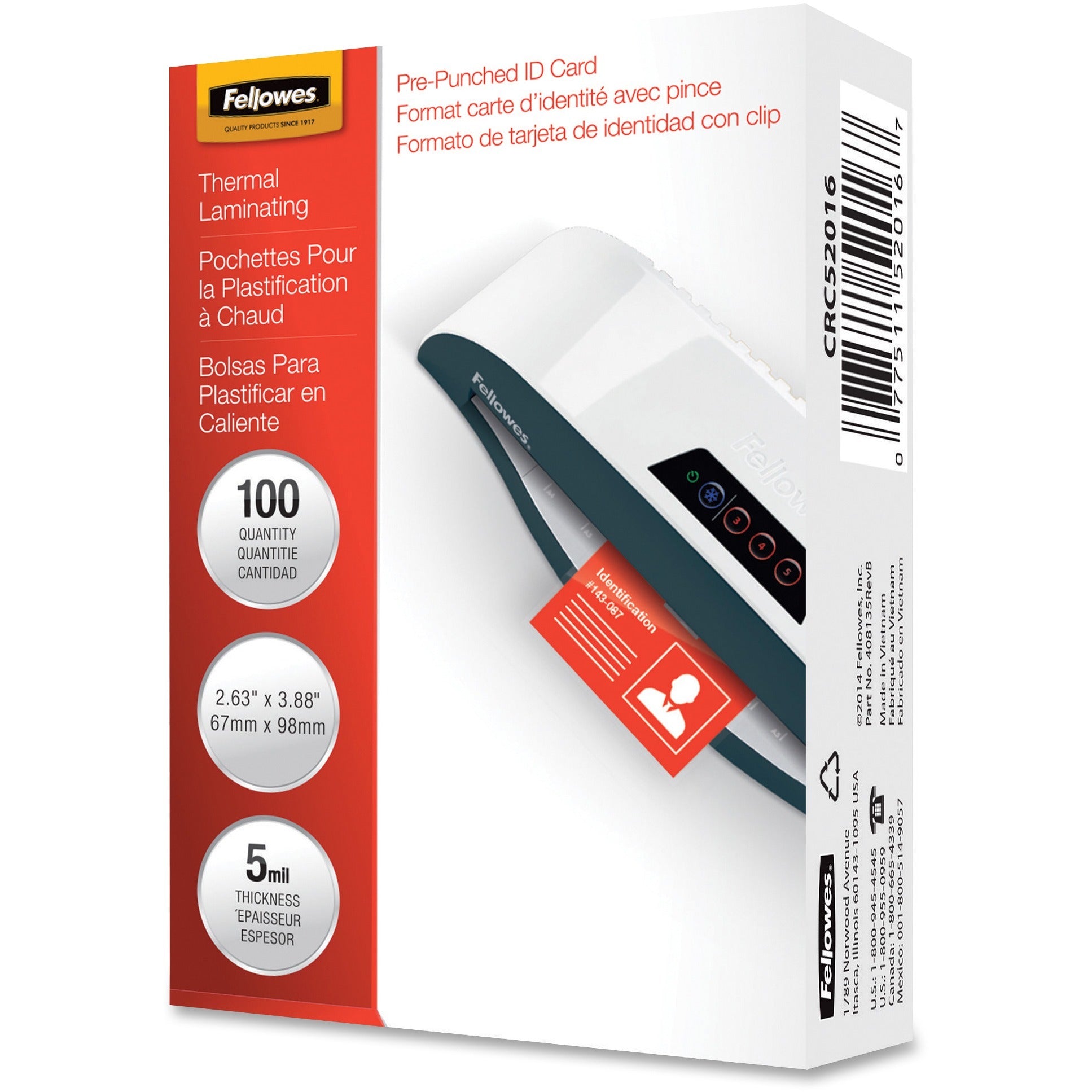 Fellowes Punched ID Card Glossy Thermal Laminating Pouches - Laminating Pouch/Sheet Size: 3.88" Width x 5 mil Thickness - Glossy - for Document, ID Badge, ID Card - Durable, Pre-punched - Clear - 100 / Pack - 