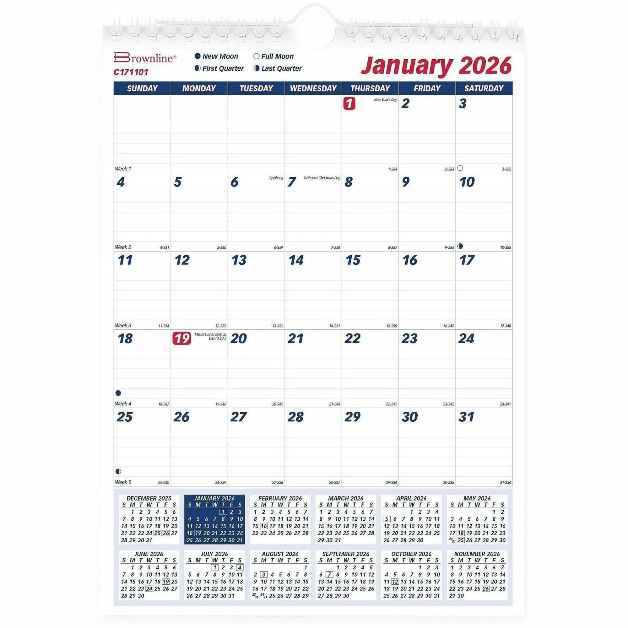 Twin-Wirebound Wall Calendar, One Month per Page, 8 x 11, White Sheets, 12-Month (Jan to Dec): 2024