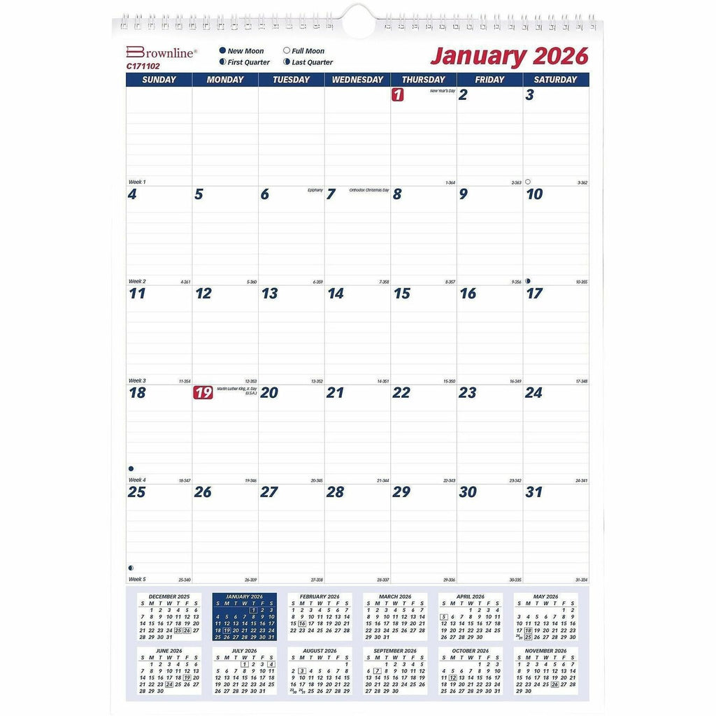 Twin-Wirebound Wall Calendar, One Month per Page, 12 x 17, White Sheets, 12-Month (Jan to Dec): 2024