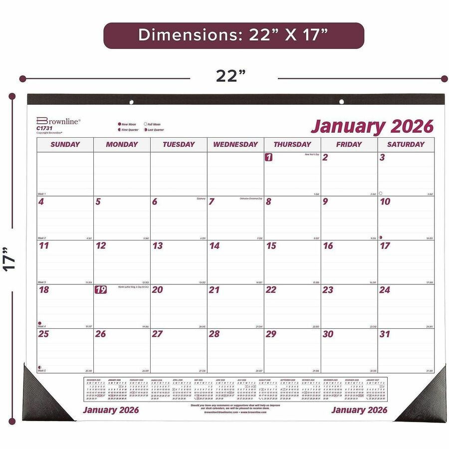 Monthly Desk Pad Calendar, 22 x 17, White/Burgundy Sheets, Black Binding, Black Corners, 12-Month (Jan to Dec): 2024