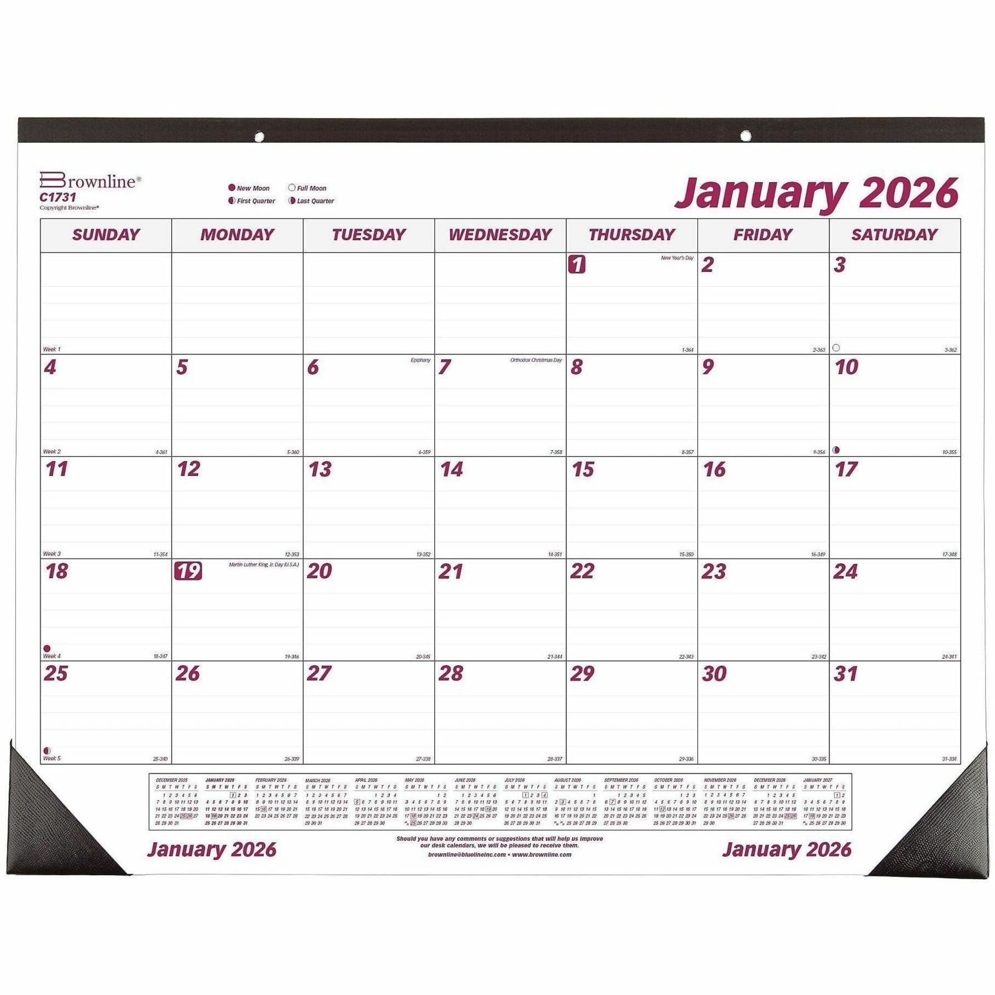 Monthly Desk Pad Calendar, 22 x 17, White/Burgundy Sheets, Black Binding, Black Corners, 12-Month (Jan to Dec): 2024