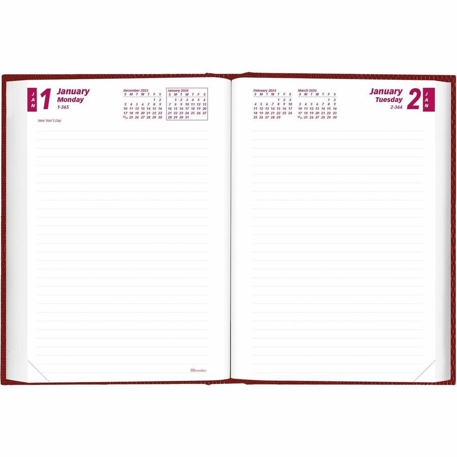 Brownline Untimed Daily Planner - Daily - January 2024 - December 2024 - 7 1/2" Sheet Size - Desktop - Red - 1 Each