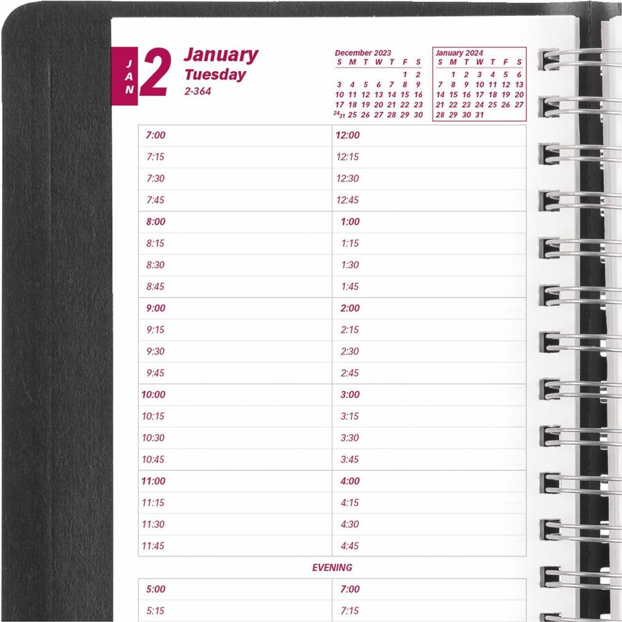 Brownline Daily Planner - Julian Dates - Daily - 1 Year - January 2024 - December 2024 - 7:00 AM to 8:45 PM - Quarter-hourly - 1 Day Single Page Layout - 5" x 8" Sheet Size - Twin Wire - Desktop - Black CoverPhone Directory, Address Directory - 1 Eac