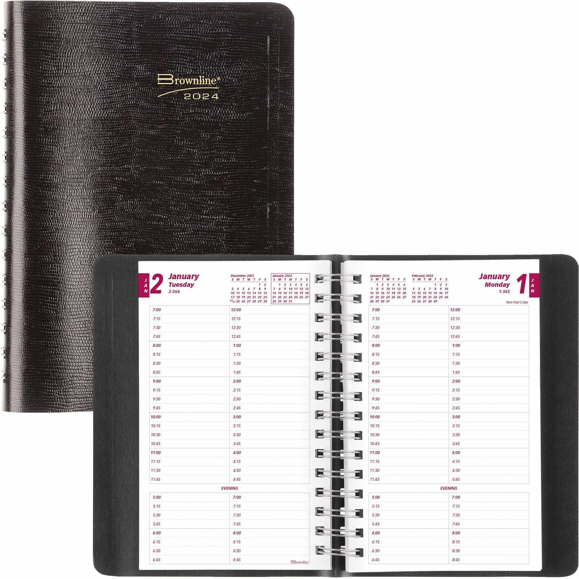 Brownline Daily Planner - Julian Dates - Daily - 1 Year - January 2024 - December 2024 - 7:00 AM to 8:45 PM - Quarter-hourly - 1 Day Single Page Layout - 5" x 8" Sheet Size - Twin Wire - Desktop - Black CoverPhone Directory, Address Directory - 1 Eac