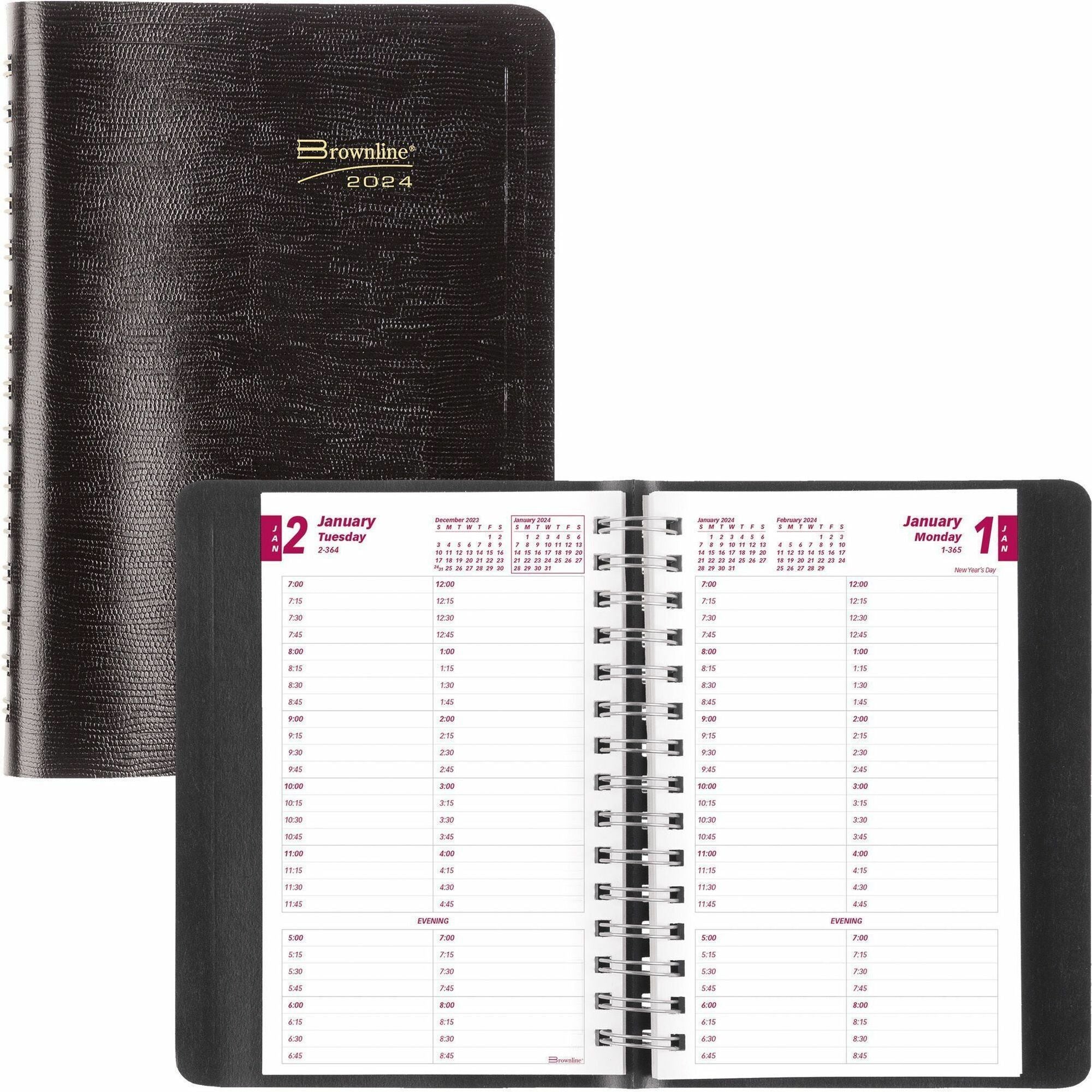 brownline-daily-planner-julian-dates-daily-1-year-january-2024-december-2024-700-am-to-845-pm-quarter-hourly-1-day-single-page-layout-5-x-8-sheet-size-twin-wire-desktop-black-coverphone-directory-address-directory-1-eac_redcb800blk - 1