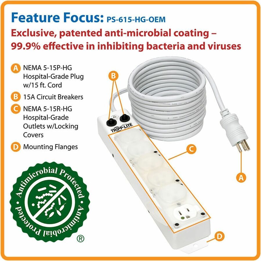 Medical-Grade Power Strip for Patient-Care Vicinity, 6 Outlets, 15 ft Cord, White