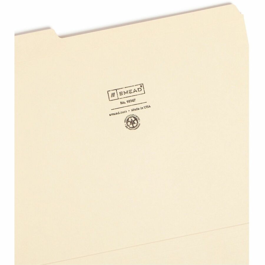 100% Recycled Reinforced Top Tab File Folders, 1/3-Cut Tabs: Assorted, Letter Size, 0.75" Expansion, Manila, 100/Box