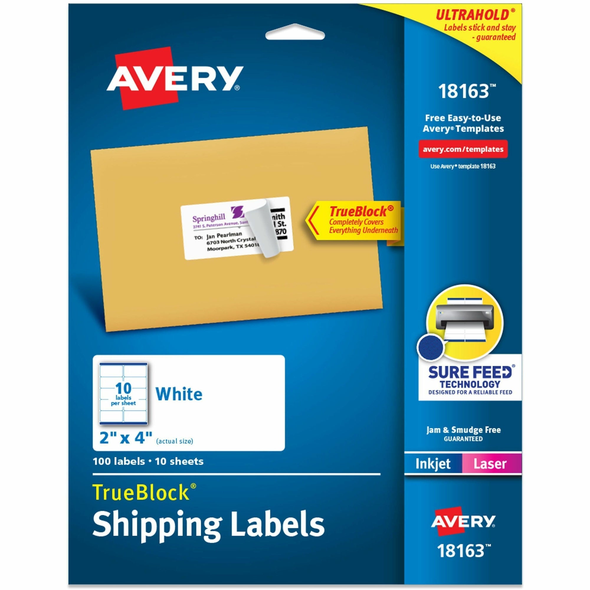Shipping Labels w/ TrueBlock Technology, Inkjet Printers, 2 x 4, White, 10/Sheet, 10 Sheets/Pack