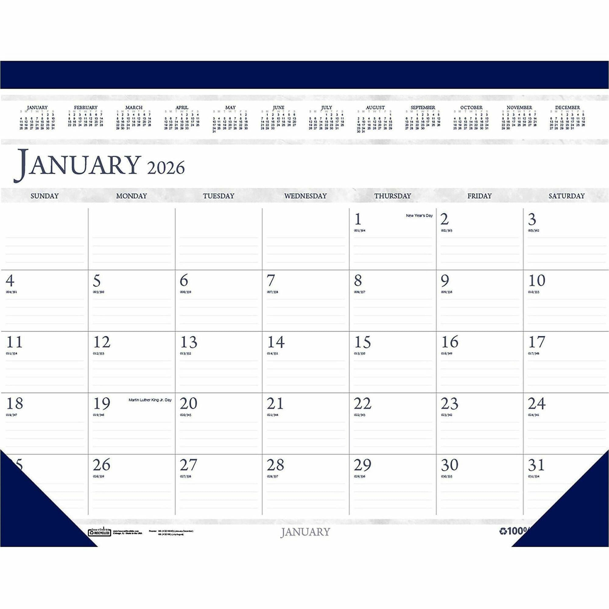 Recycled Two-Color Perforated Monthly Desk Pad Calendar, 22 x 17, Blue Binding/Corners, 12-Month (Jan-Dec): 2024