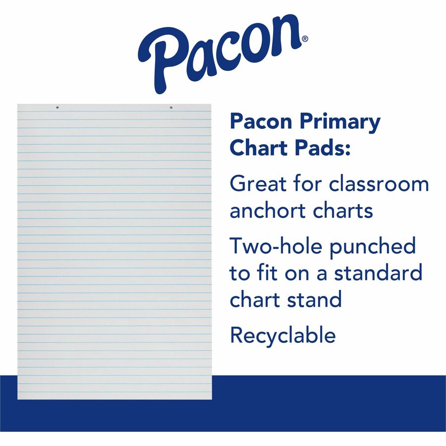 Pacon Ruled Chart Pad - 100 Sheets - Glue - Front Ruling Surface - 1" Ruled - 24" x 36" - White Paper - Chipboard Backing, Hole-punched, Recyclable - 1 Each - 
