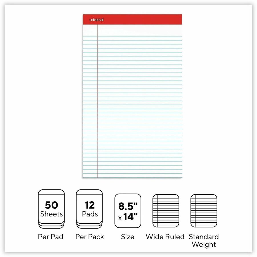 Perforated Ruled Writing Pads, Wide/Legal Rule, Red Headband, 50 White 8.5 x 14 Sheets, Dozen
