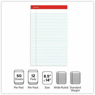 Perforated Ruled Writing Pads, Wide/Legal Rule, Red Headband, 50 White 8.5 x 14 Sheets, Dozen