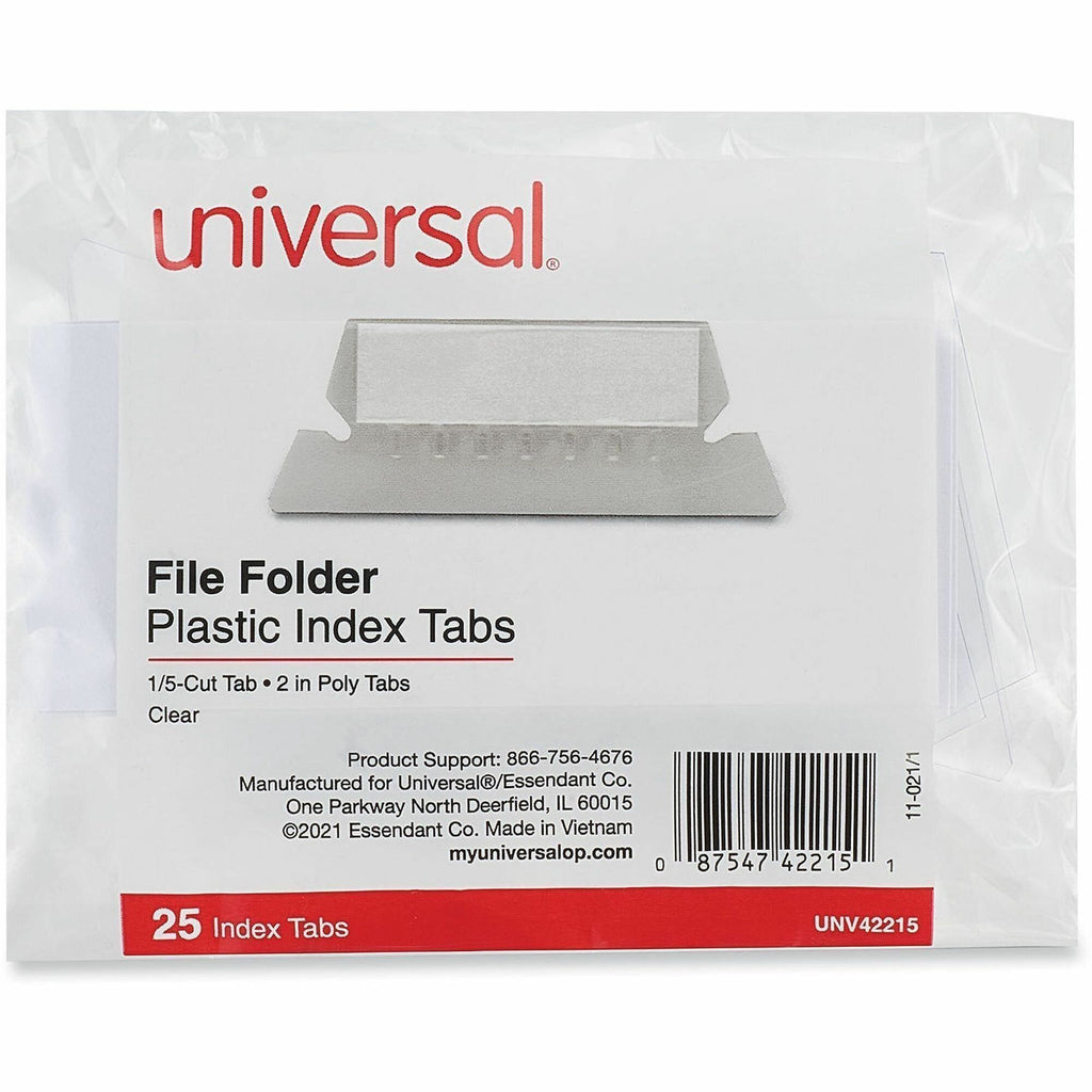 Hanging File Folder Plastic Index Tabs, 1/5-Cut, Clear, 2.25" Wide, 25/Pack