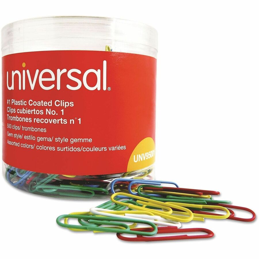 Plastic-Coated Paper Clips with One-Compartment Dispenser Tub, #1, Assorted Colors, 500/Pack