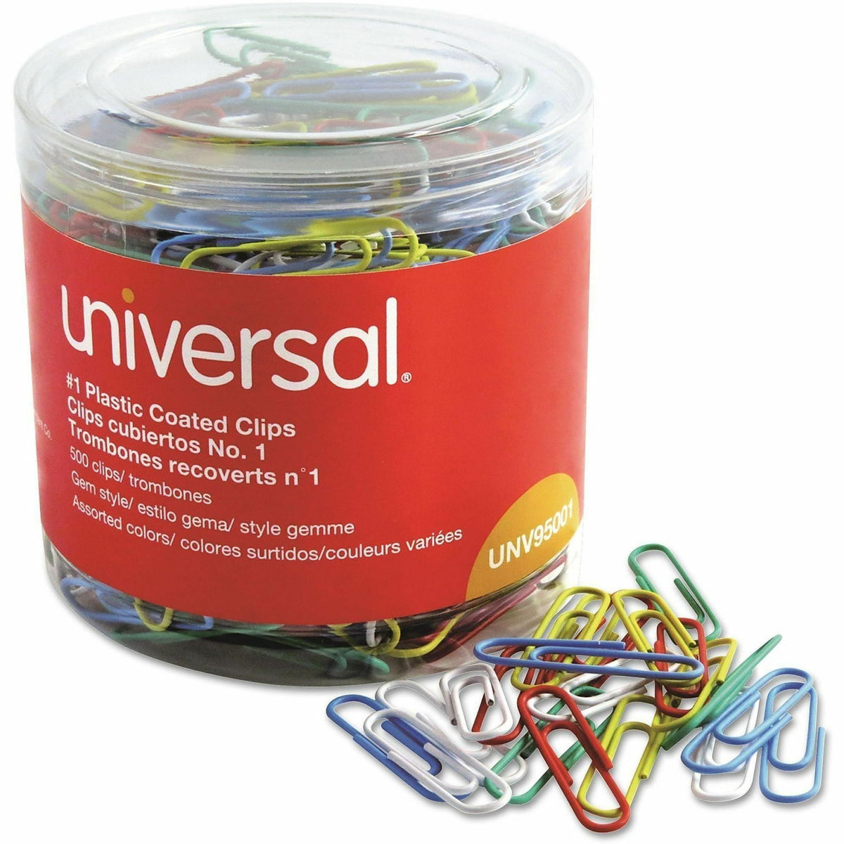 Plastic-Coated Paper Clips with One-Compartment Dispenser Tub, #1, Assorted Colors, 500/Pack