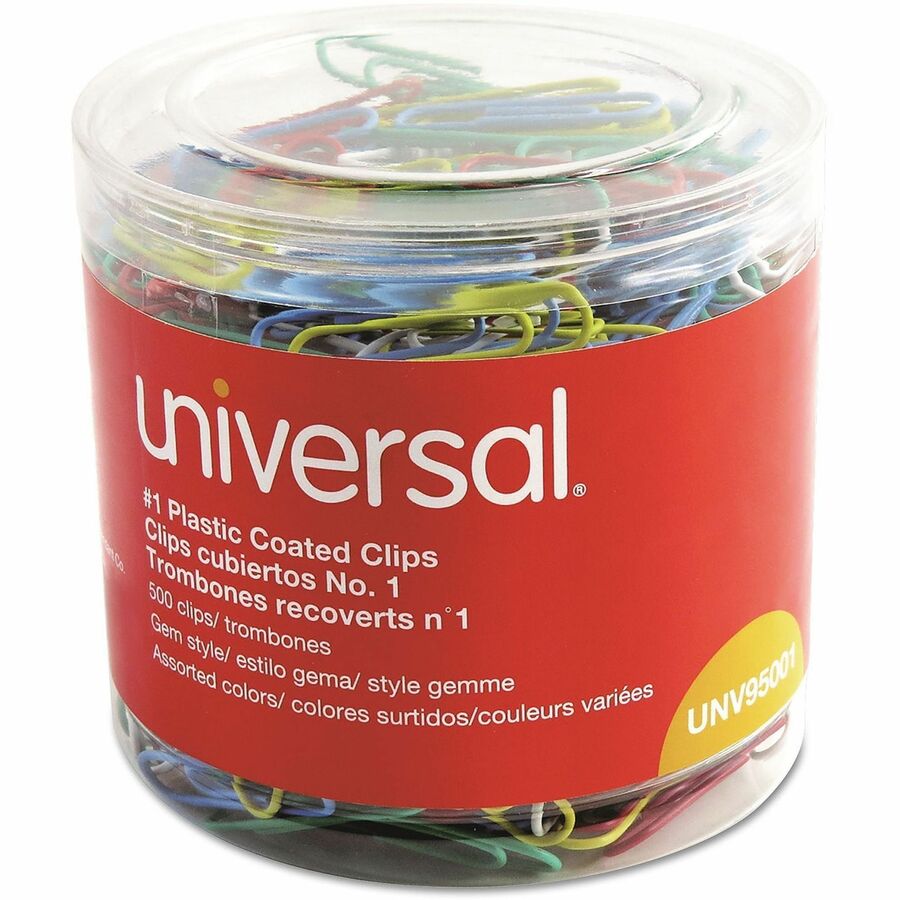Plastic-Coated Paper Clips with One-Compartment Dispenser Tub, #1, Assorted Colors, 500/Pack