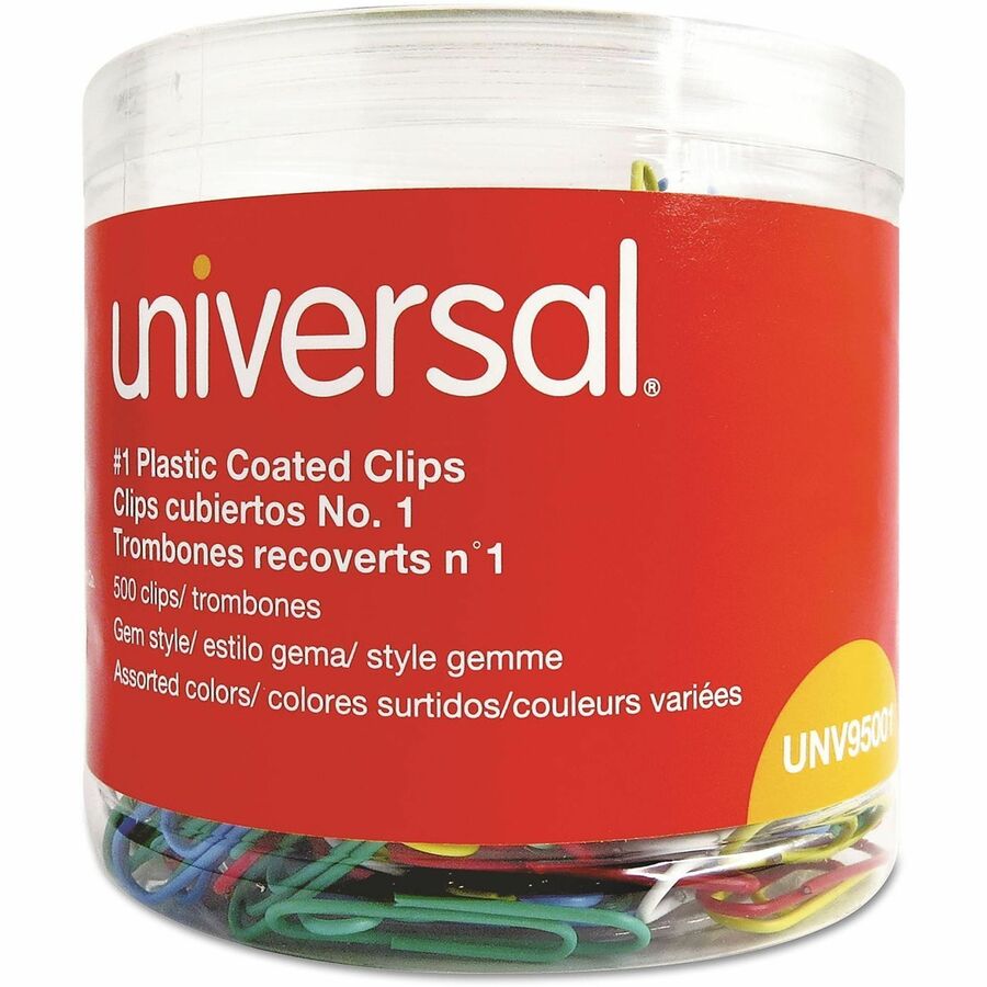 Plastic-Coated Paper Clips with One-Compartment Dispenser Tub, #1, Assorted Colors, 500/Pack