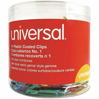 Plastic-Coated Paper Clips with One-Compartment Dispenser Tub, #1, Assorted Colors, 500/Pack