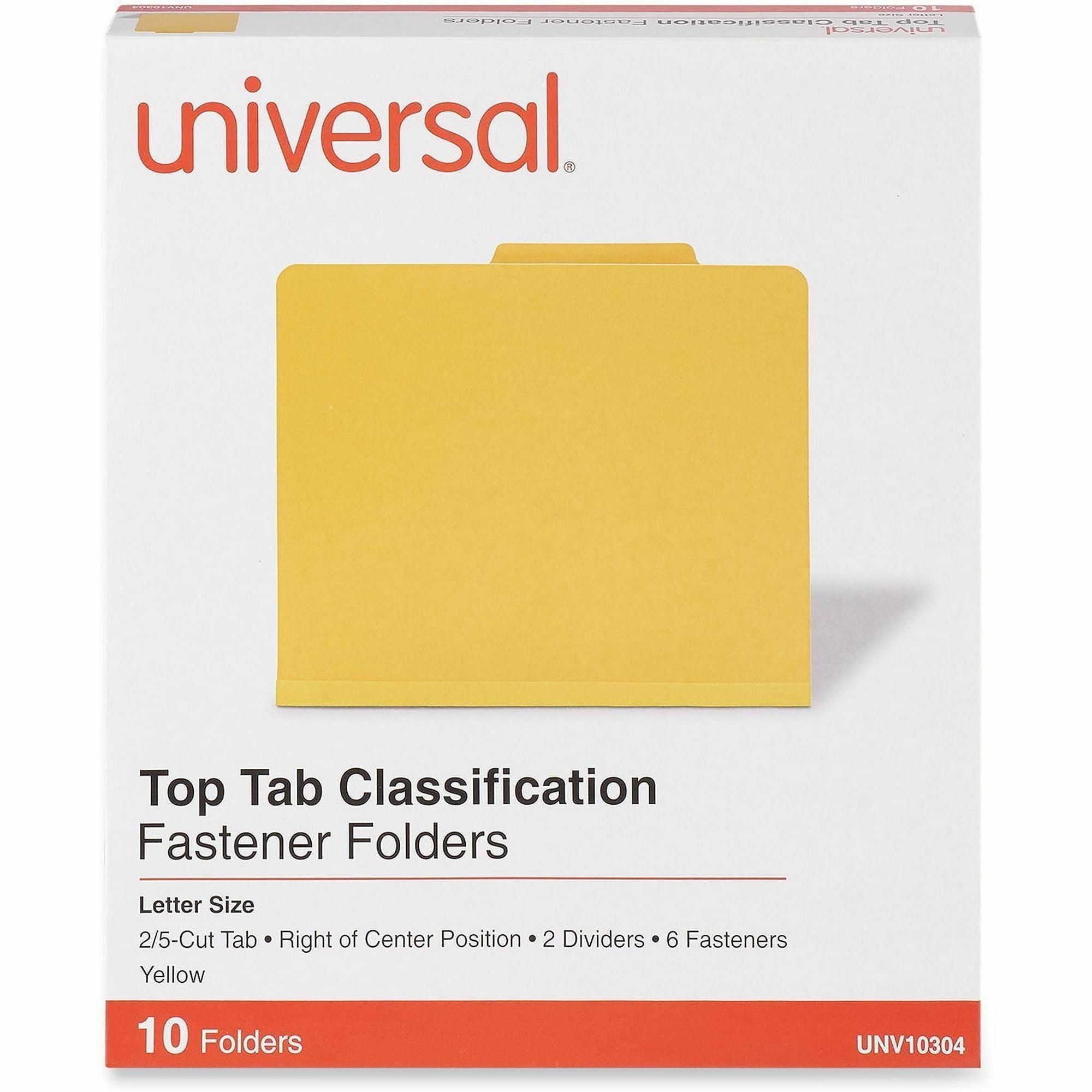 Bright Colored Pressboard Classification Folders, 2" Expansion, 2 Dividers, 6 Fasteners, Letter Size, Yellow Exterior, 10/Box