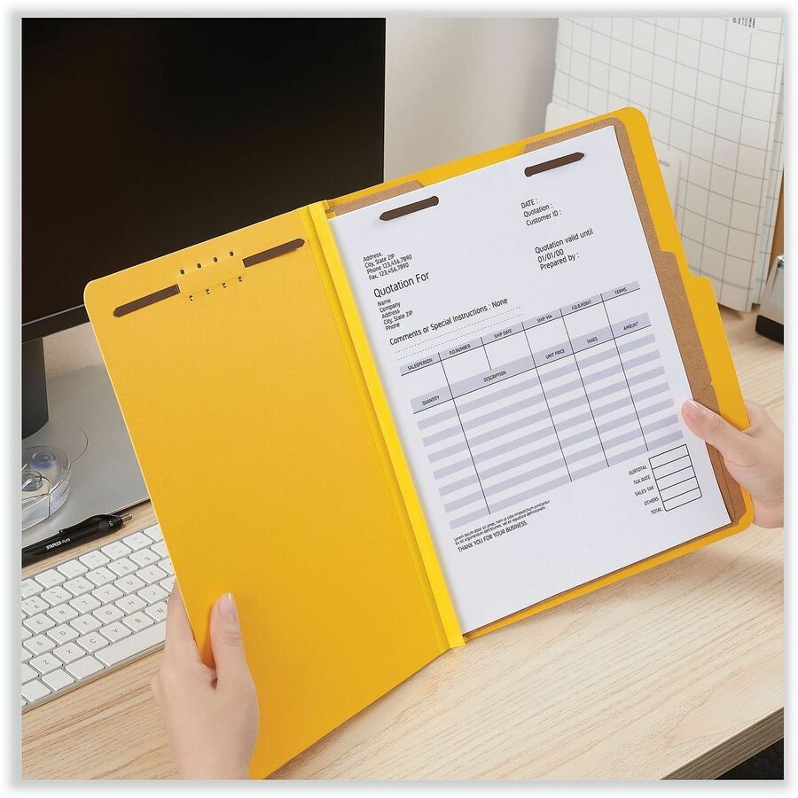 Bright Colored Pressboard Classification Folders, 2" Expansion, 2 Dividers, 6 Fasteners, Letter Size, Yellow Exterior, 10/Box