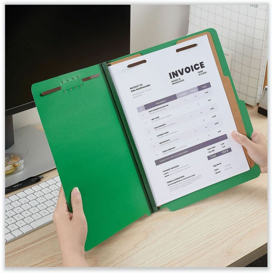 Bright Colored Pressboard Classification Folders, 2" Expansion, 2 Dividers, 6 Fasteners, Letter Size, Emerald Green, 10/Box