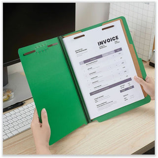 Bright Colored Pressboard Classification Folders, 2" Expansion, 2 Dividers, 6 Fasteners, Letter Size, Emerald Green, 10/Box