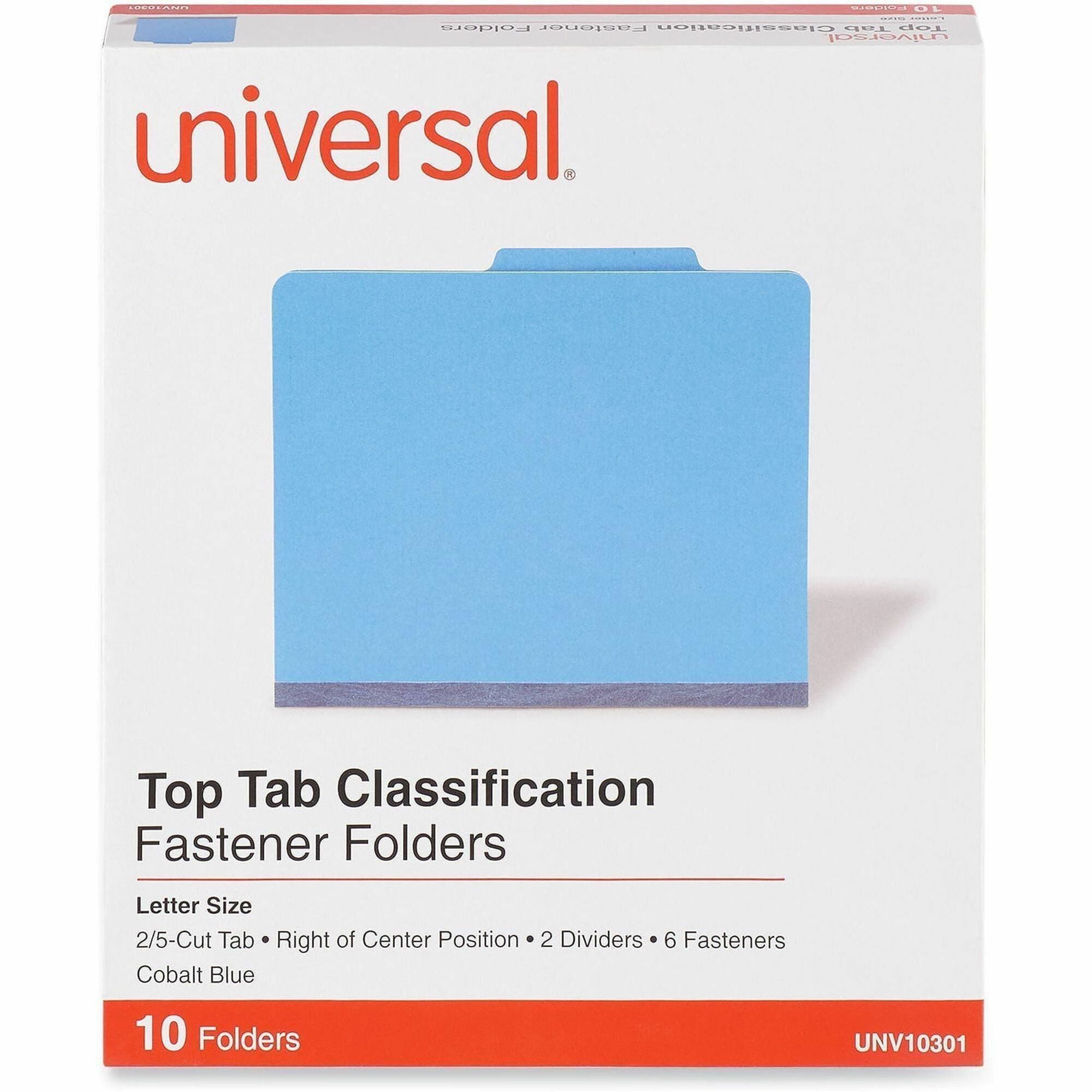 Bright Colored Pressboard Classification Folders, 2" Expansion, 2 Dividers, 6 Fasteners, Letter Size, Cobalt Blue, 10/Box