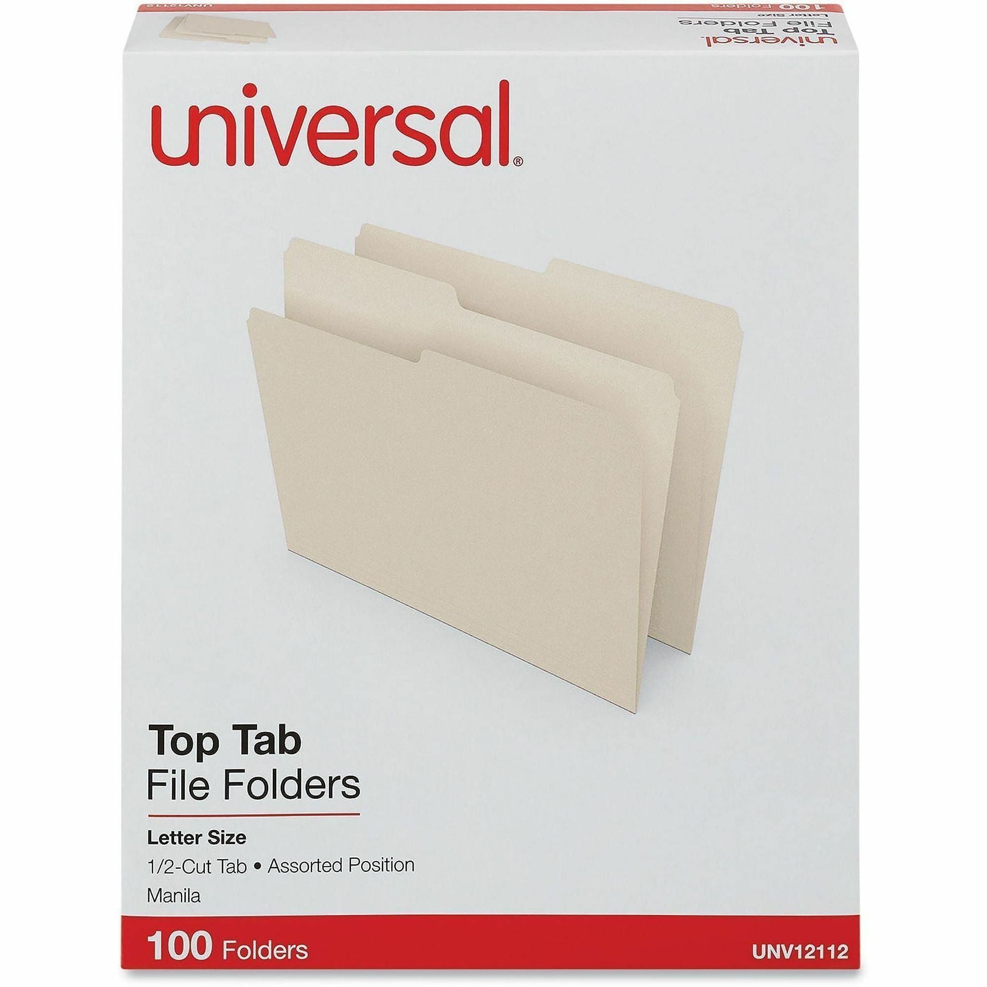 Top Tab File Folders, 1/2-Cut Tabs: Assorted, Letter Size, 0.75" Expansion, Manila, 100/Box
