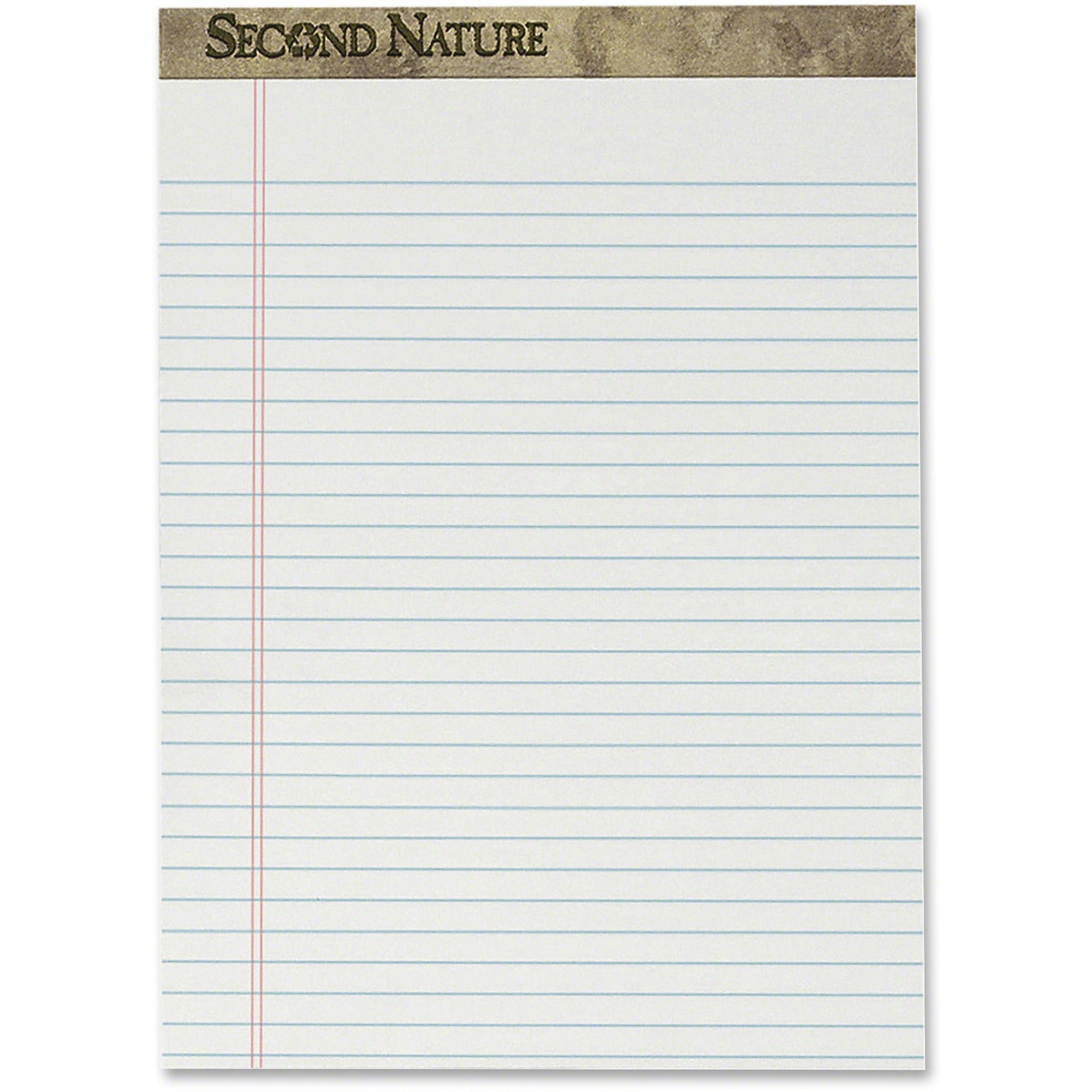 TOPS Second Nature Legal Pads - 50 Sheets - Ruled Red Margin - 18 lb Basis Weight - 8 1/2" x 11 3/4" - 2.50" x 11.8" x 8.5" - White Paper - Bleed Resistant, Perforated, Environmentally Friendly, Acid-free - Recycled - 1 Dozen - 
