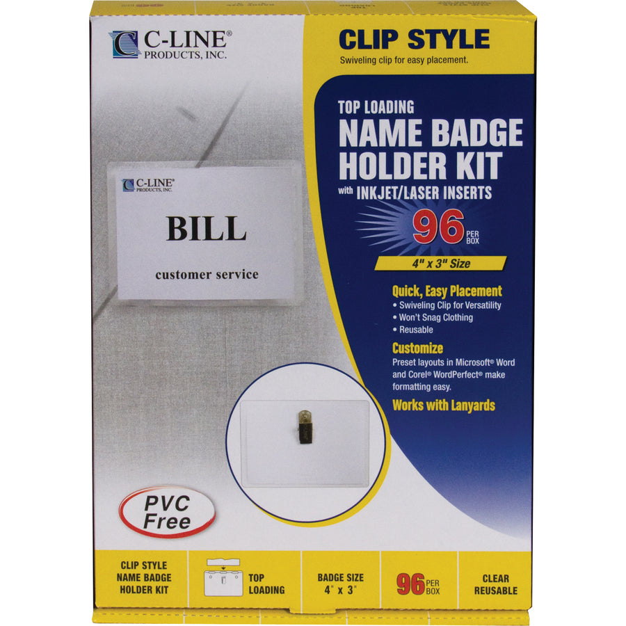 Name Badge Kits, Top Load, 4 x 3, Clear, Clip Style, 96/Box