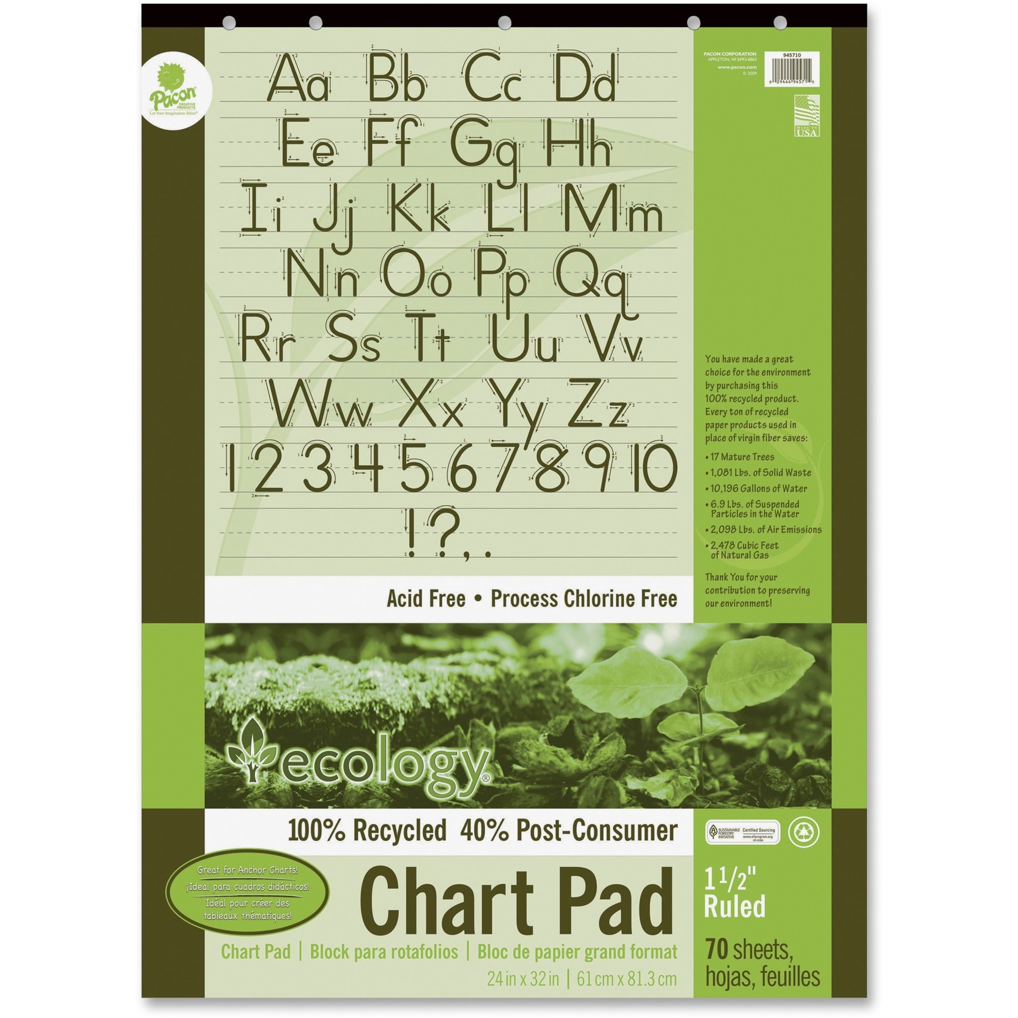Ecology Recycled Chart Pads, Presentation Format (1.5" Rule), 24 x 32, White, 70 Sheets
