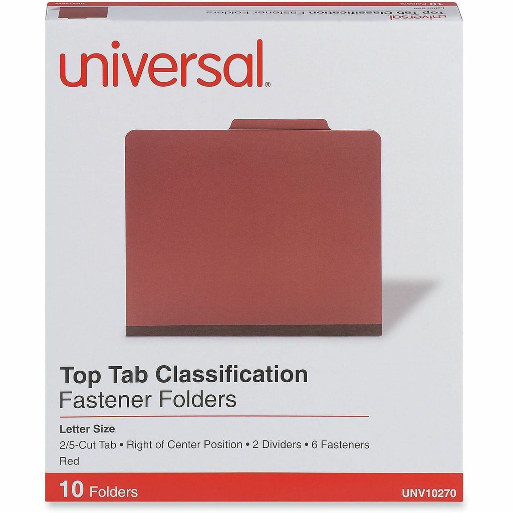 Six-Section Pressboard Classification Folders, 2" Expansion, 2 Dividers, 6 Fasteners, Letter Size, Red Exterior, 10/Box