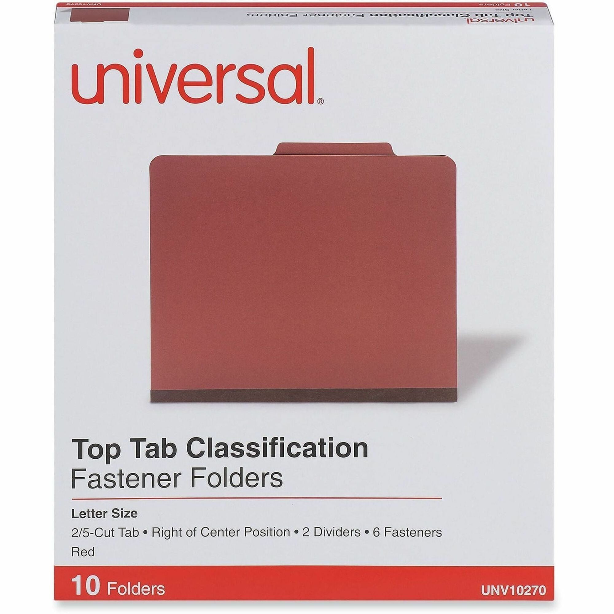 Six-Section Pressboard Classification Folders, 2" Expansion, 2 Dividers, 6 Fasteners, Letter Size, Red Exterior, 10/Box