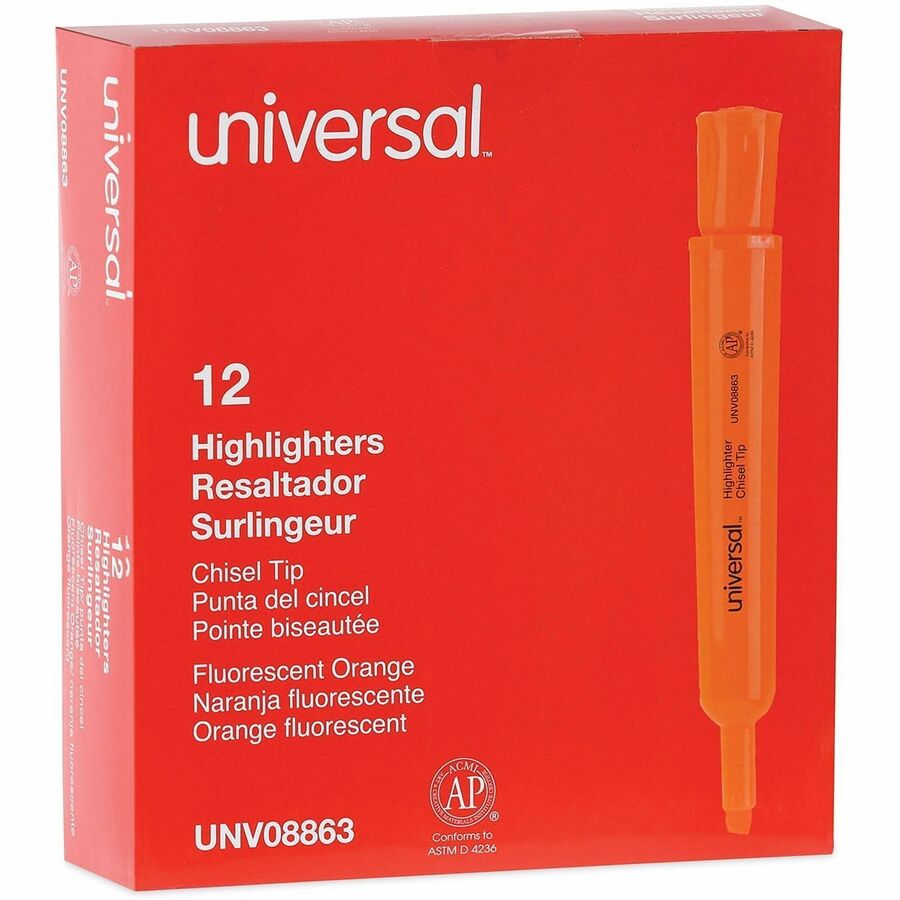 Desk Highlighters, Fluorescent Orange Ink, Chisel Tip, Orange Barrel, Dozen