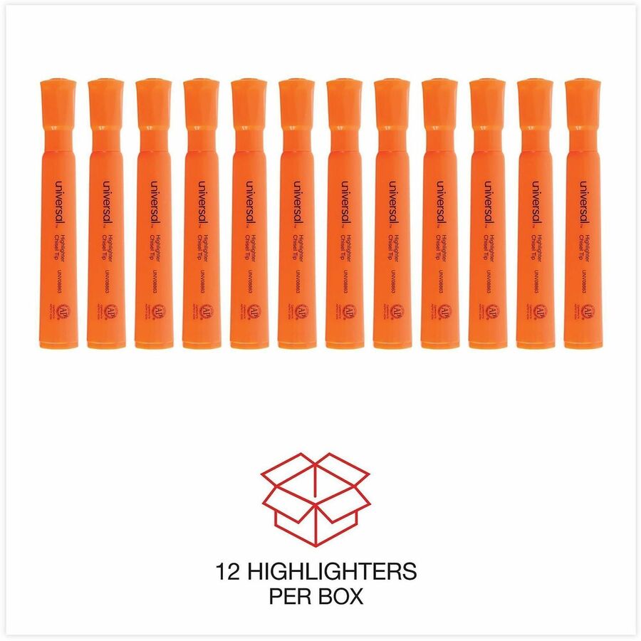 Desk Highlighters, Fluorescent Orange Ink, Chisel Tip, Orange Barrel, Dozen