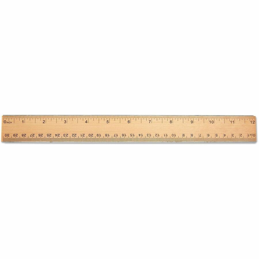 Flat Wood Ruler w/Double Metal Edge, Standard, 12" Long, Clear Lacquer Finish