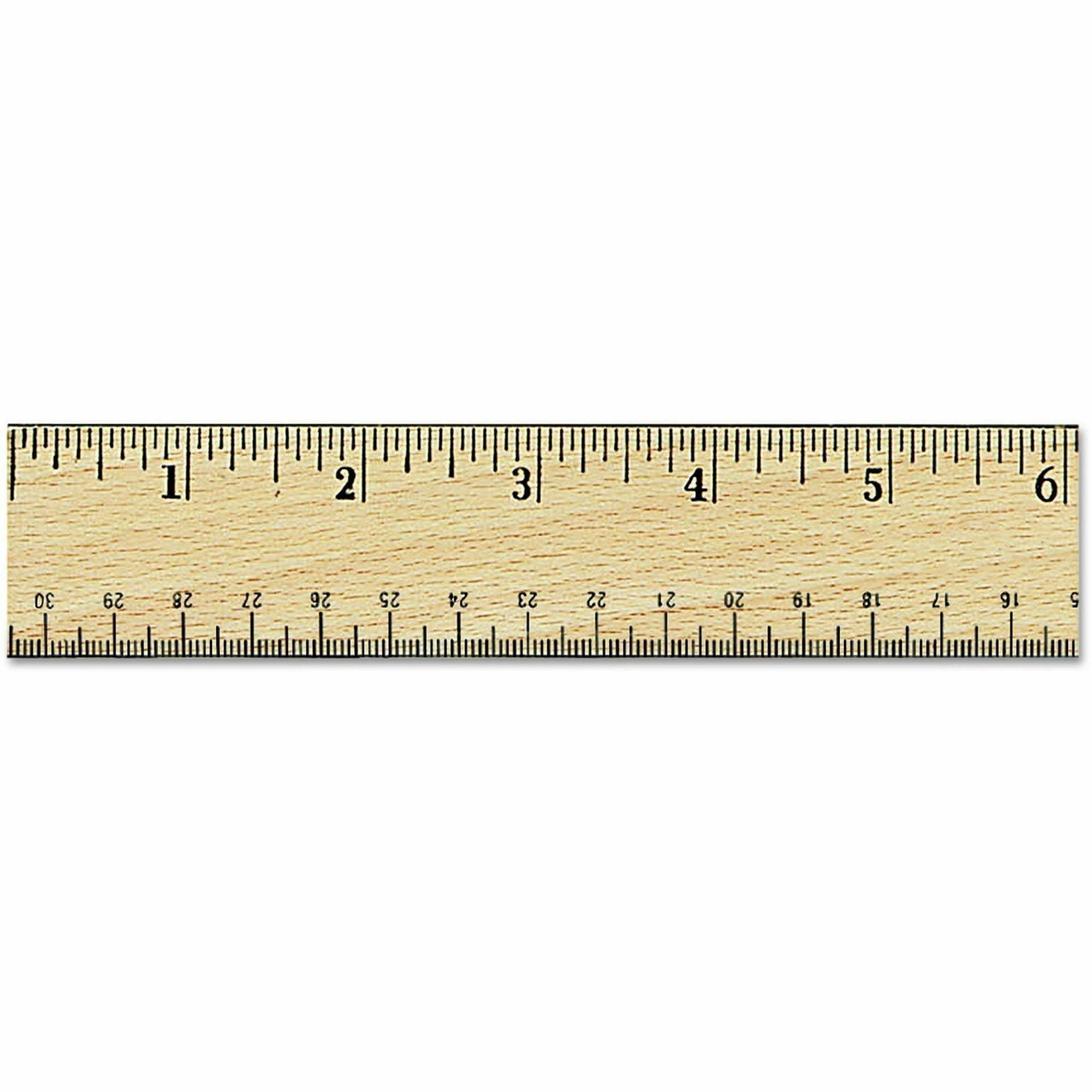 Flat Wood Ruler w/Double Metal Edge, Standard, 12" Long, Clear Lacquer Finish