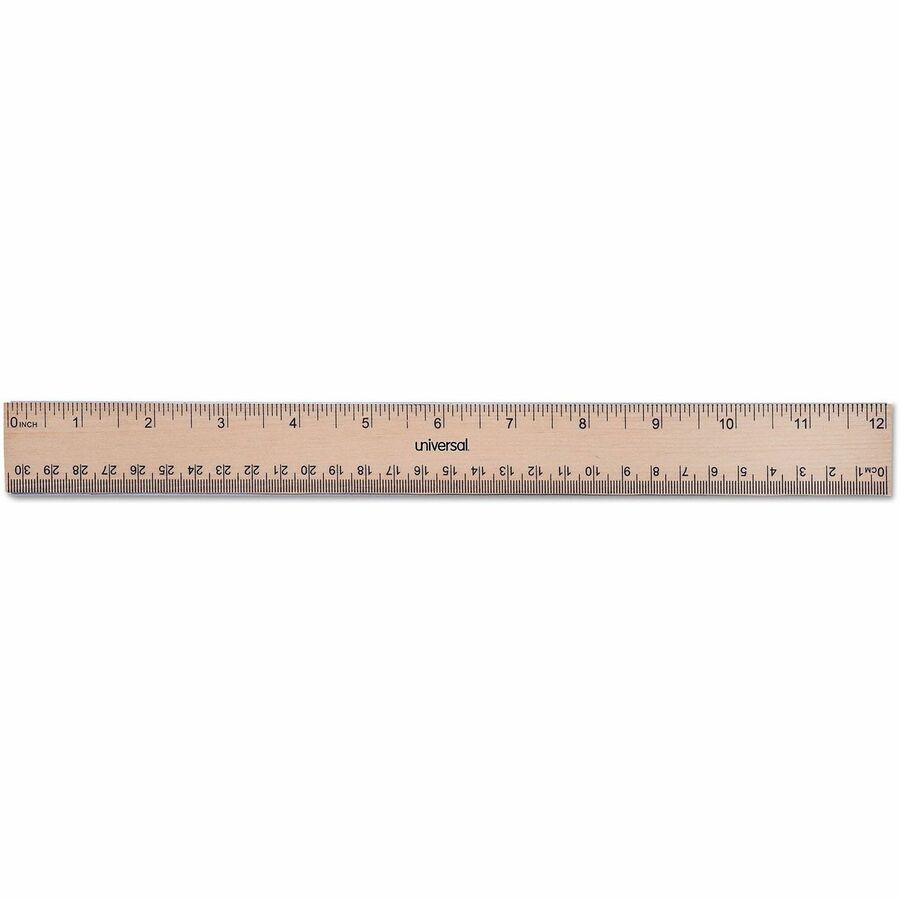 Flat Wood Ruler w/Double Metal Edge, Standard, 12" Long, Clear Lacquer Finish