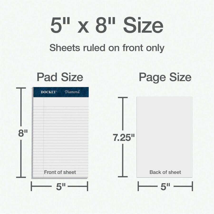 TOPS Docket Diamond Writing Tablet - Jr.Legal - 50 Sheets - Double Stitched - 24 lb Basis Weight - Jr.Legal - 5" x 8" - 8" x 5" - White Paper - Perforated, Rigid, Acid-free - 4 / Box - 5