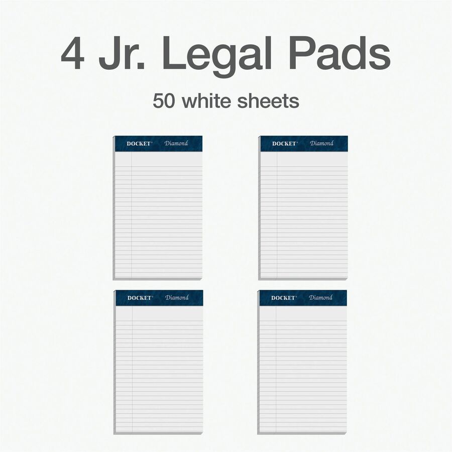 TOPS Docket Diamond Writing Tablet - Jr.Legal - 50 Sheets - Double Stitched - 24 lb Basis Weight - Jr.Legal - 5" x 8" - 8" x 5" - White Paper - Perforated, Rigid, Acid-free - 4 / Box - 4