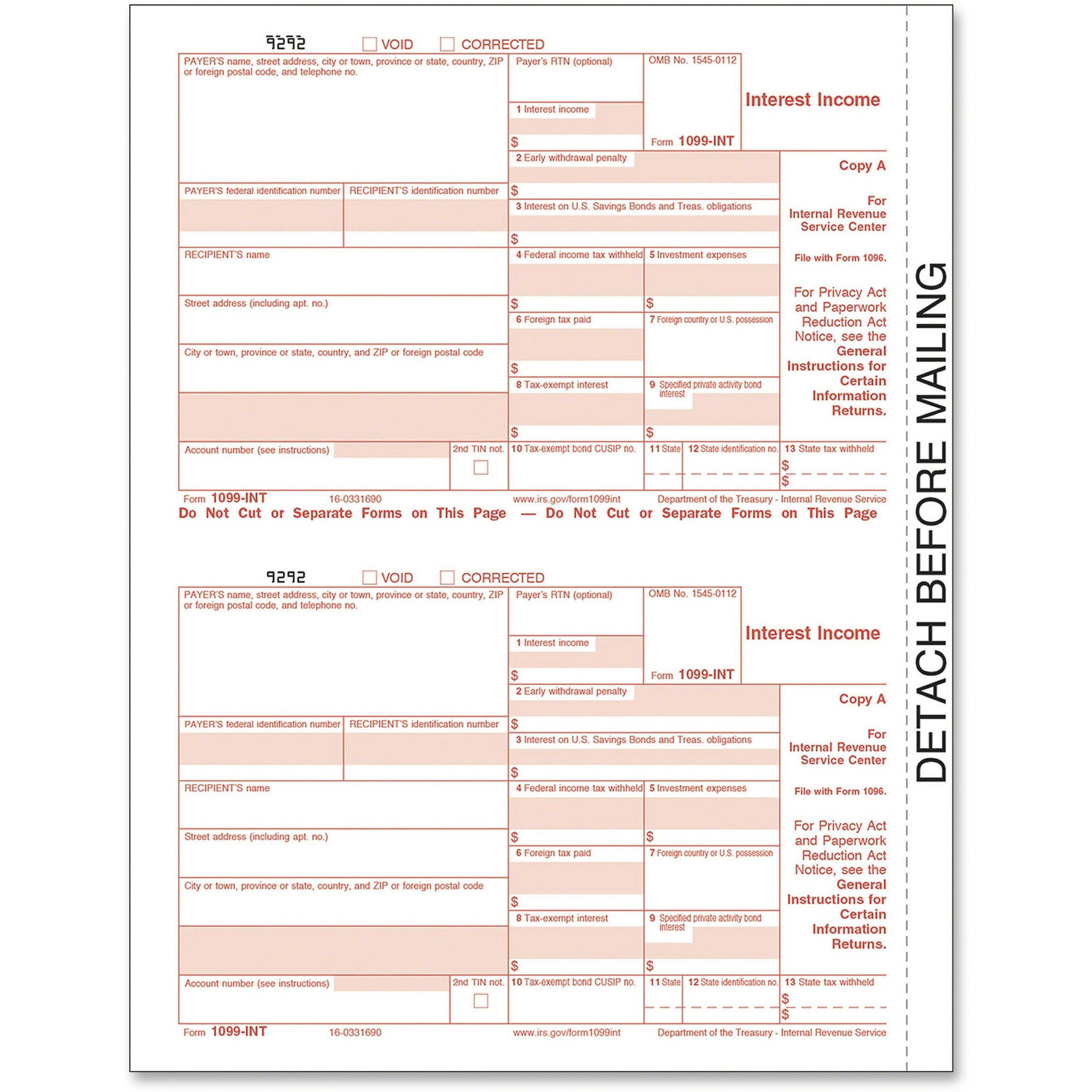 1099-INT Tax Forms for Inkjet/Laser Printers, Fiscal Year: 2023, Five-Part Carbonless, 8 x 5.5, 2 Forms/Sheet, 24 Forms Total