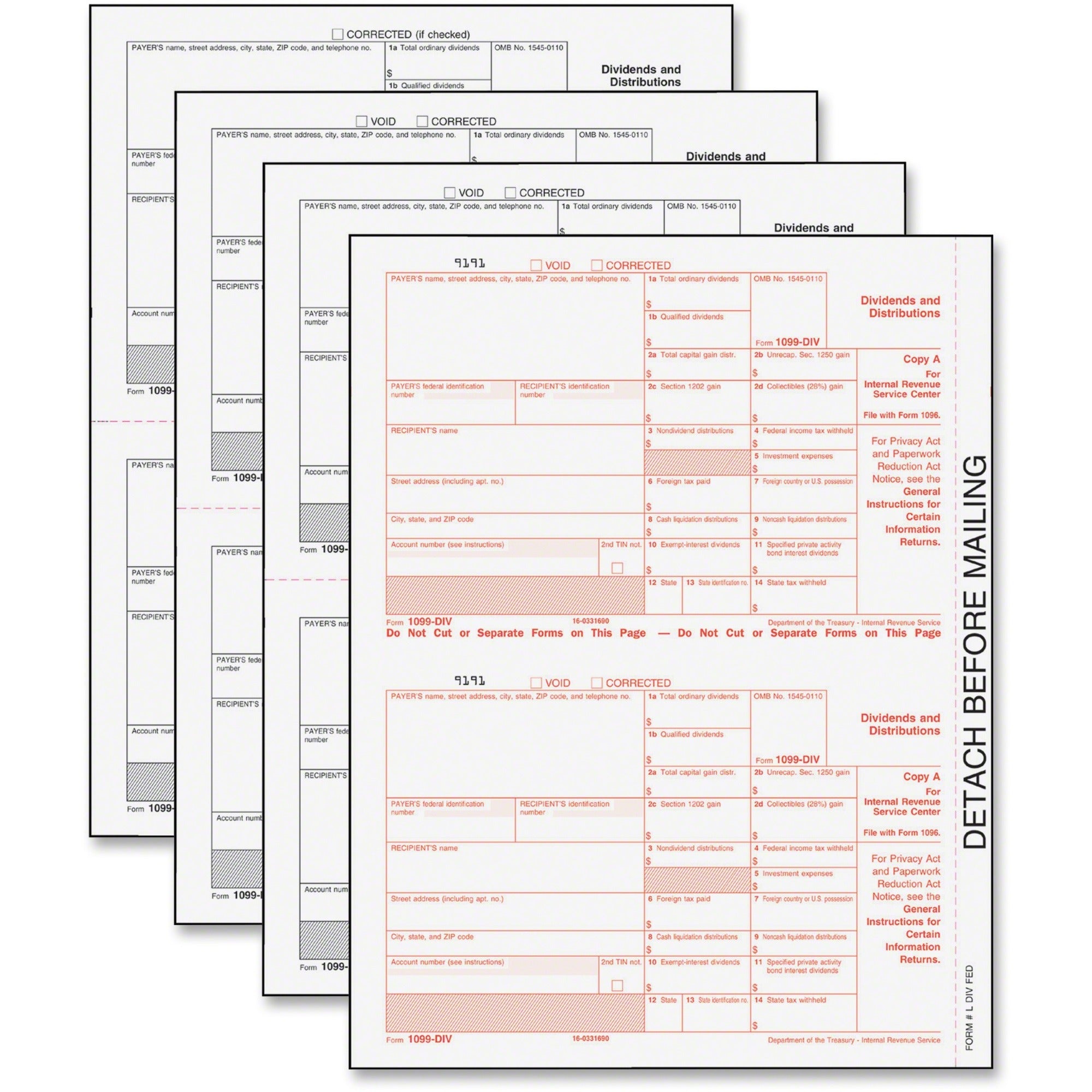 1099-DIV Tax Forms for Inkjet/Laser Printers, Fiscal Year: 2023, Five-Part Carbonless, 8 x 5.5, 2 Forms/Sheet, 24 Forms Total