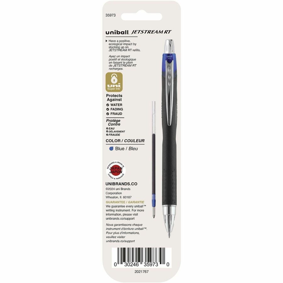 uni Jetstream RT Ballpoint Pen Refills - 1 mm, Medium Point - Blue Ink - Super Ink, Water Resistant Ink, Fade Resistant, Fraud Resistant - 2 / Pack
