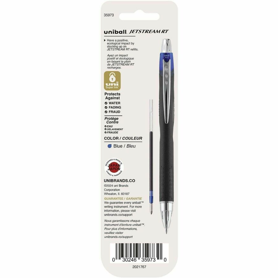 uni Jetstream RT Ballpoint Pen Refills - 1 mm, Medium Point - Blue Ink - Super Ink, Water Resistant Ink, Fade Resistant, Fraud Resistant - 2 / Pack