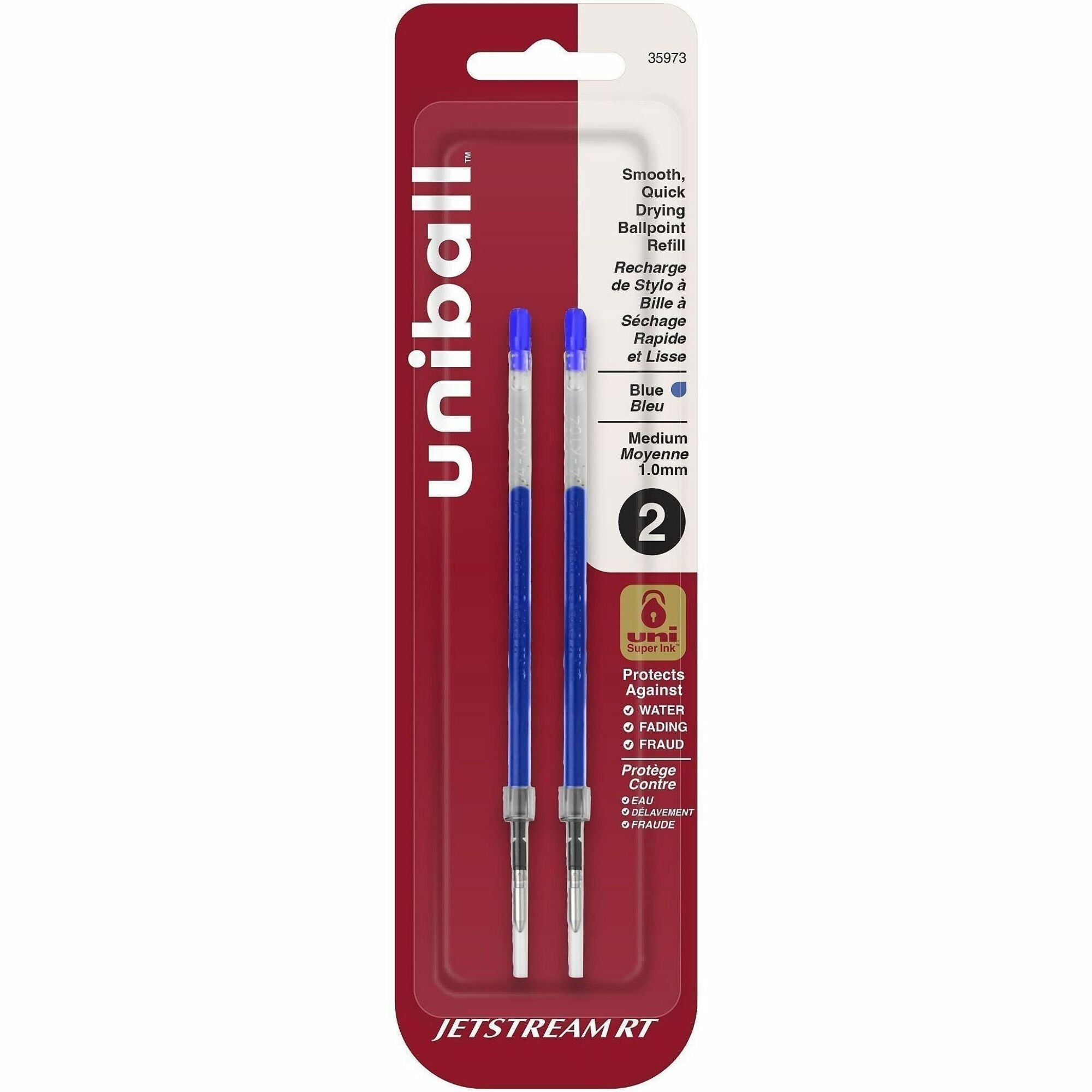 uni Jetstream RT Ballpoint Pen Refills - 1 mm, Medium Point - Blue Ink - Super Ink, Water Resistant Ink, Fade Resistant, Fraud Resistant - 2 / Pack