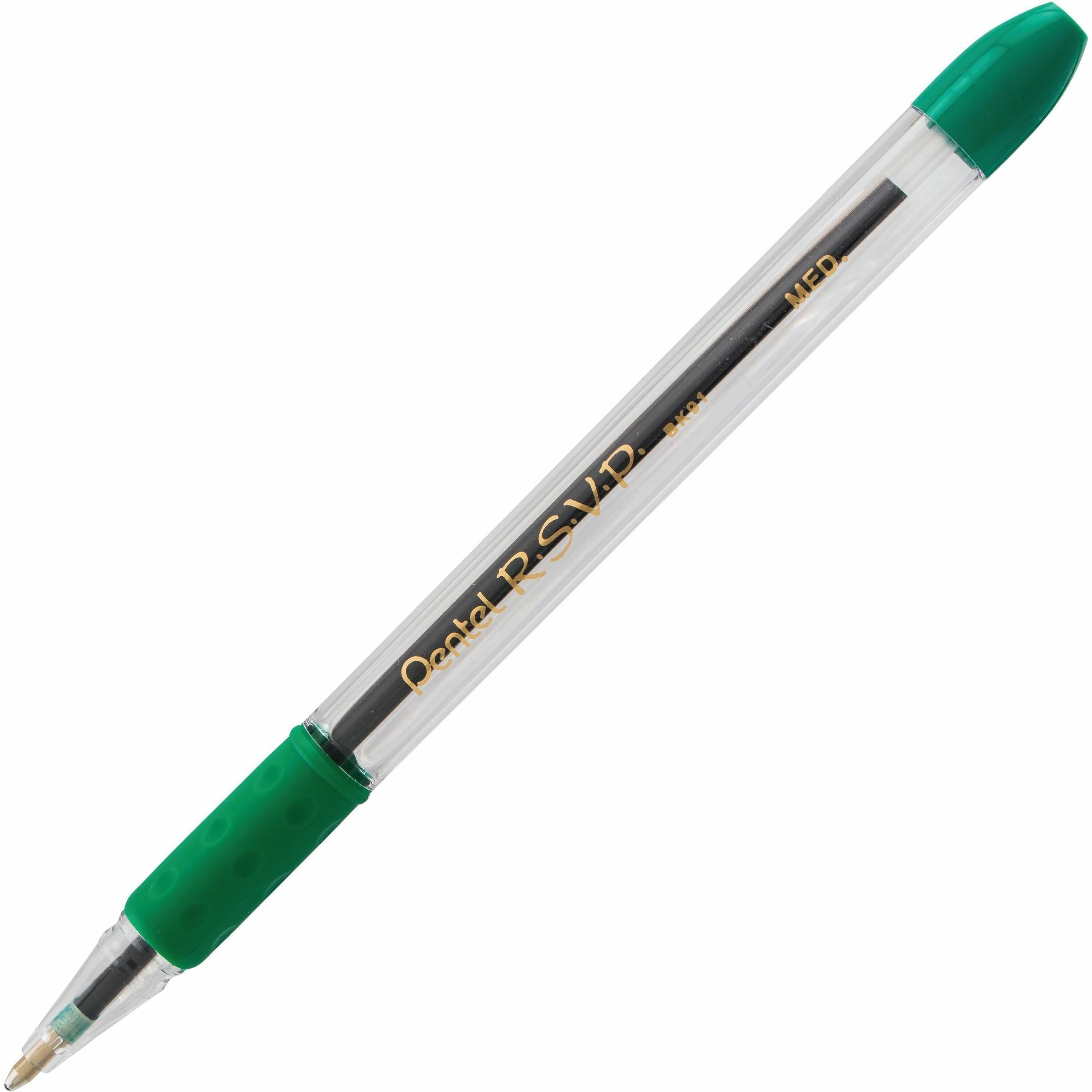 Pentel R.S.V.P. Ballpoint Stick Pens - Medium Pen Point - 1 mm Pen Point Size - Refillable - Green - Clear Barrel - 1 Dozen