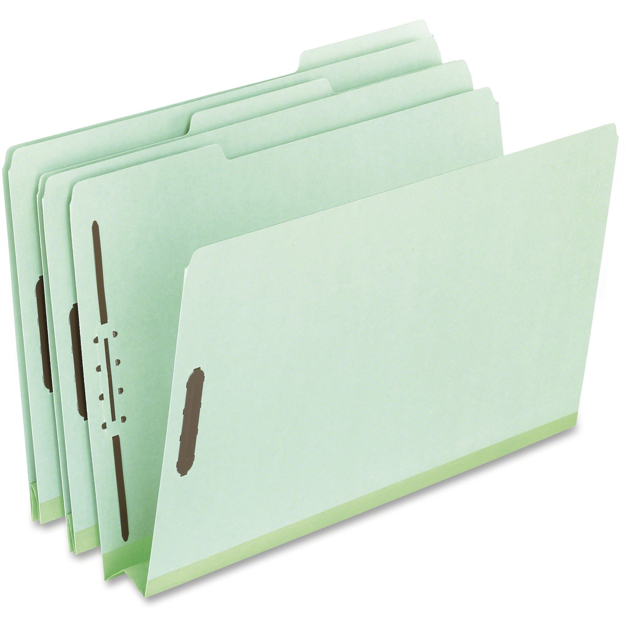 Heavy-Duty Pressboard Folders with Embossed Fasteners, 1/3-Cut Tabs, 2" Expansion, 2 Fasteners, Legal Size, Green, 25/Box