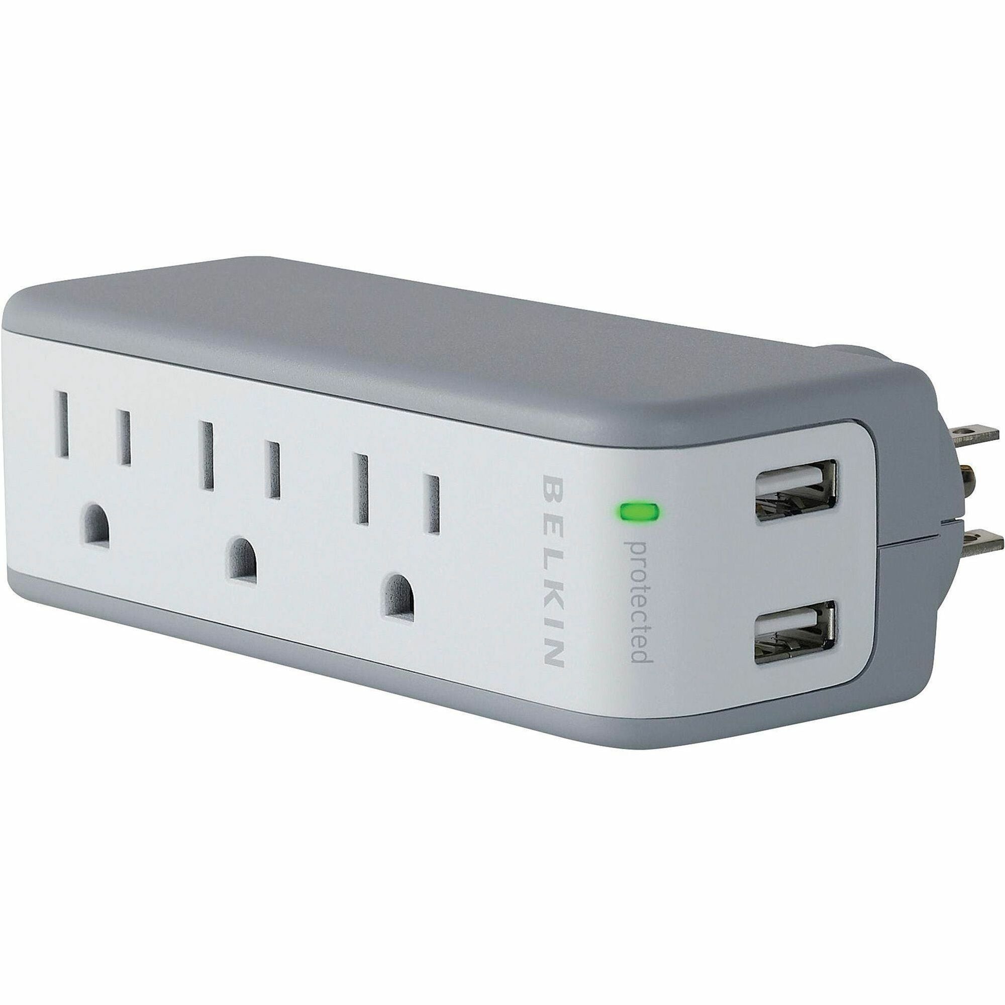 Wall Mount Surge Protector, 3 AC Outlets/2 USB Ports, 918 J, Gray/White