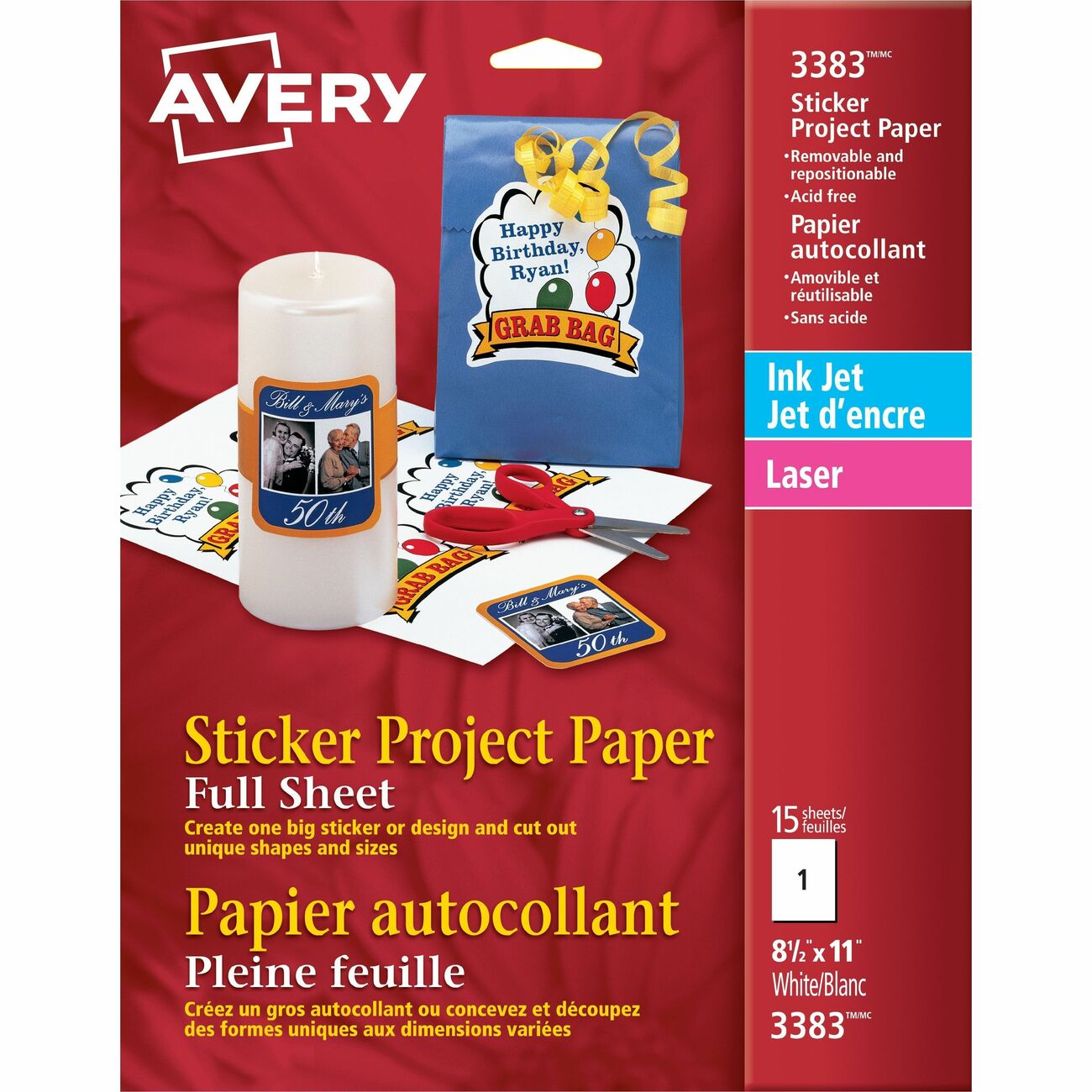 Avery Sticker Project Paper - Letter - 8 1/2" x 11" - Matte - 6 / Carton - Repositionable, Acid-free, Lignin-free, Printable - Matte White - 1