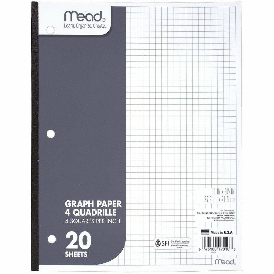 Graph Paper Tablet, 3-Hole, 8.5 x 11, Quadrille: 4 sq/in, 20 Sheets/Pad, 12 Pads/Pack